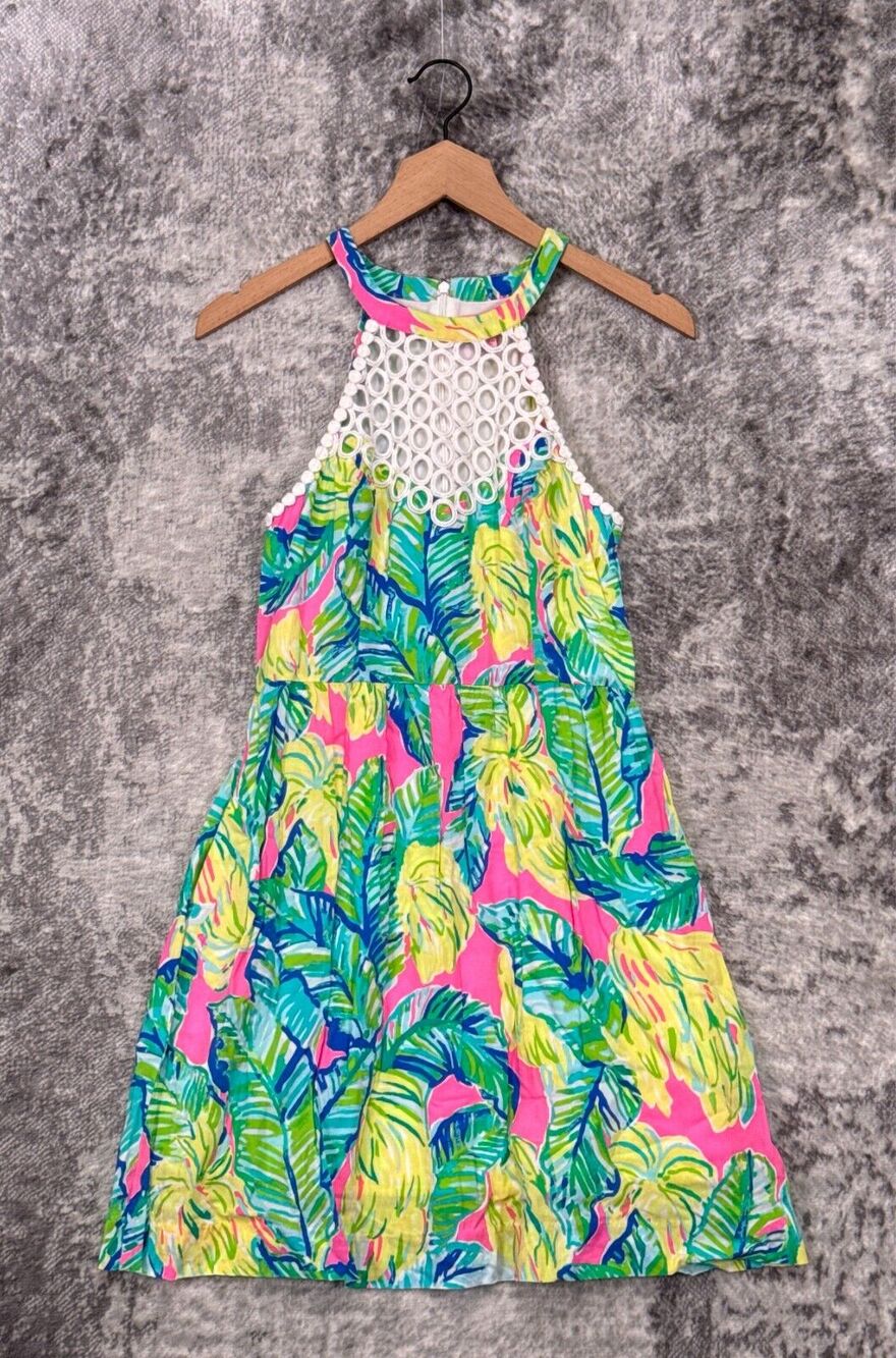 Lilly Pulitzer Dress 2 Womens Eyelet High Neck Sleeveless Tropical Print Mini